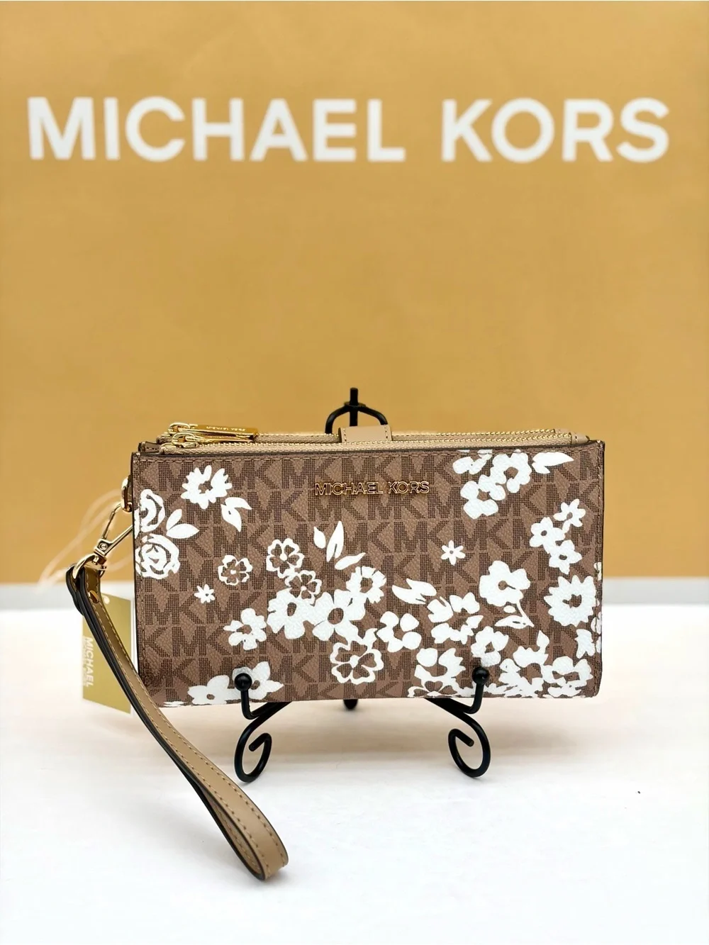 Michael Kors Brown & White Floral Logo Wristlet